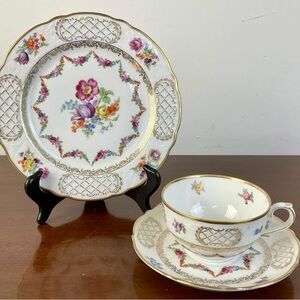 Schumann Germany Empress Dresden Floral Teacup, saucer, and dessert plate
